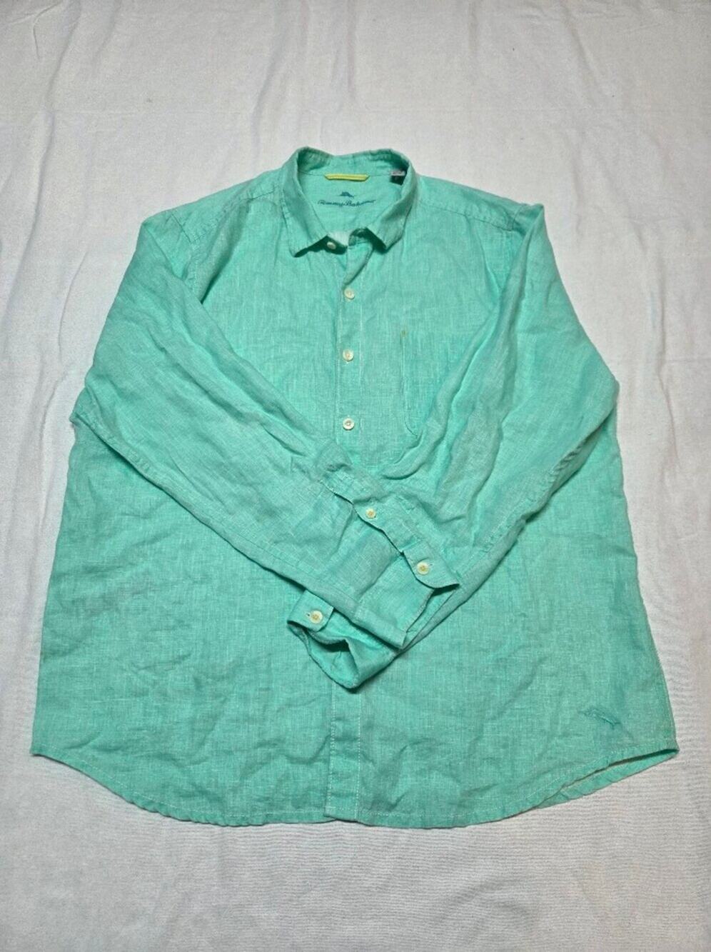 Tommy Bahama Men's 100% Linen Button-Down Linen Shirt in Aqua Green Size XL